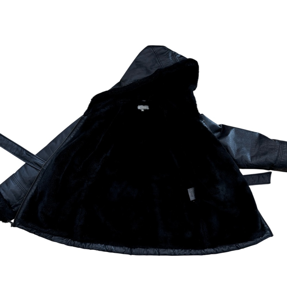 100% Genuine Leather Coat with Faux Fur Interior Women's Black Hooded Jacket - Picture 6 of 8